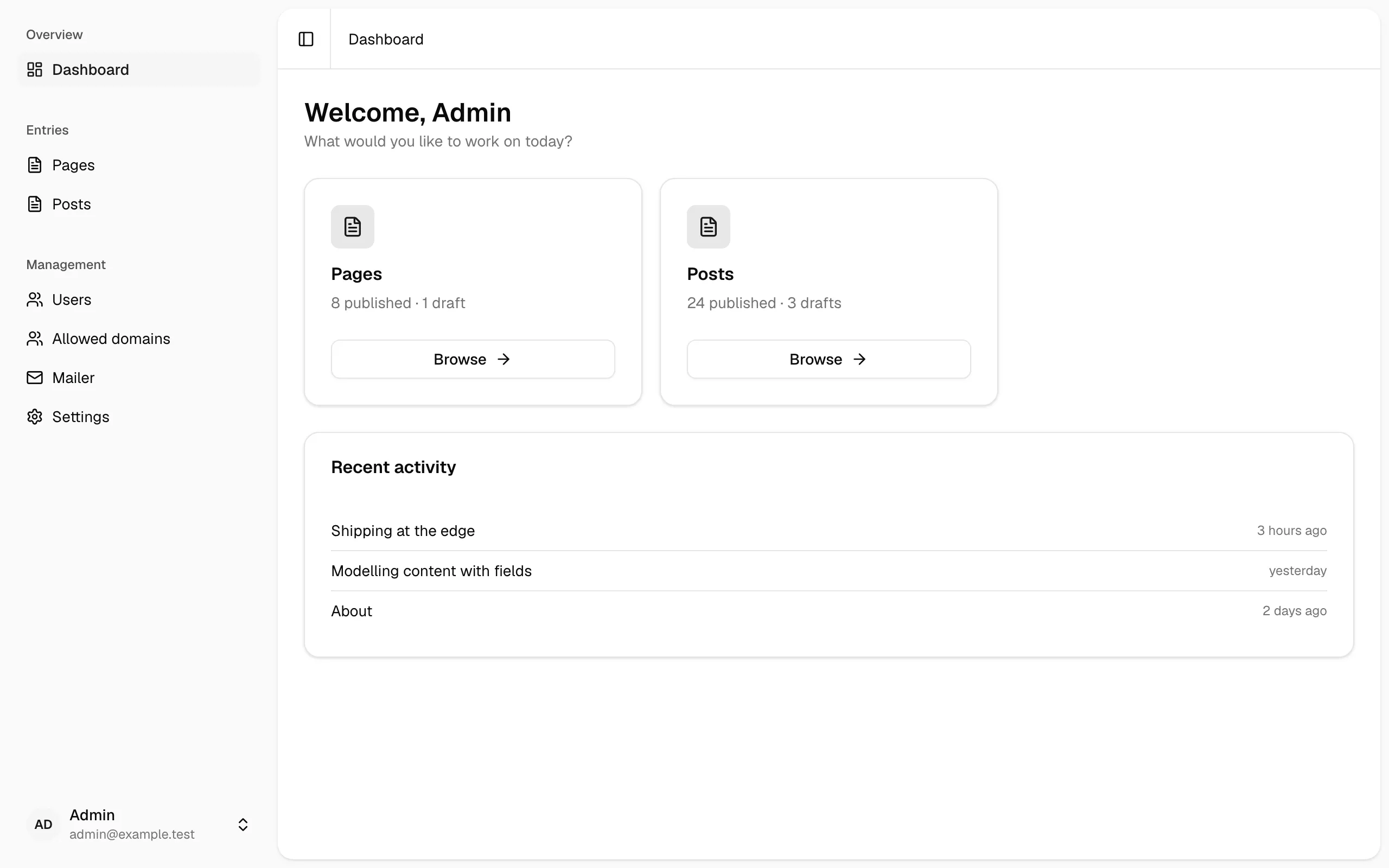 The Plumix admin dashboard: a sidebar of entry types and management pages beside tiles counting published and draft entries, above a list of recent activity